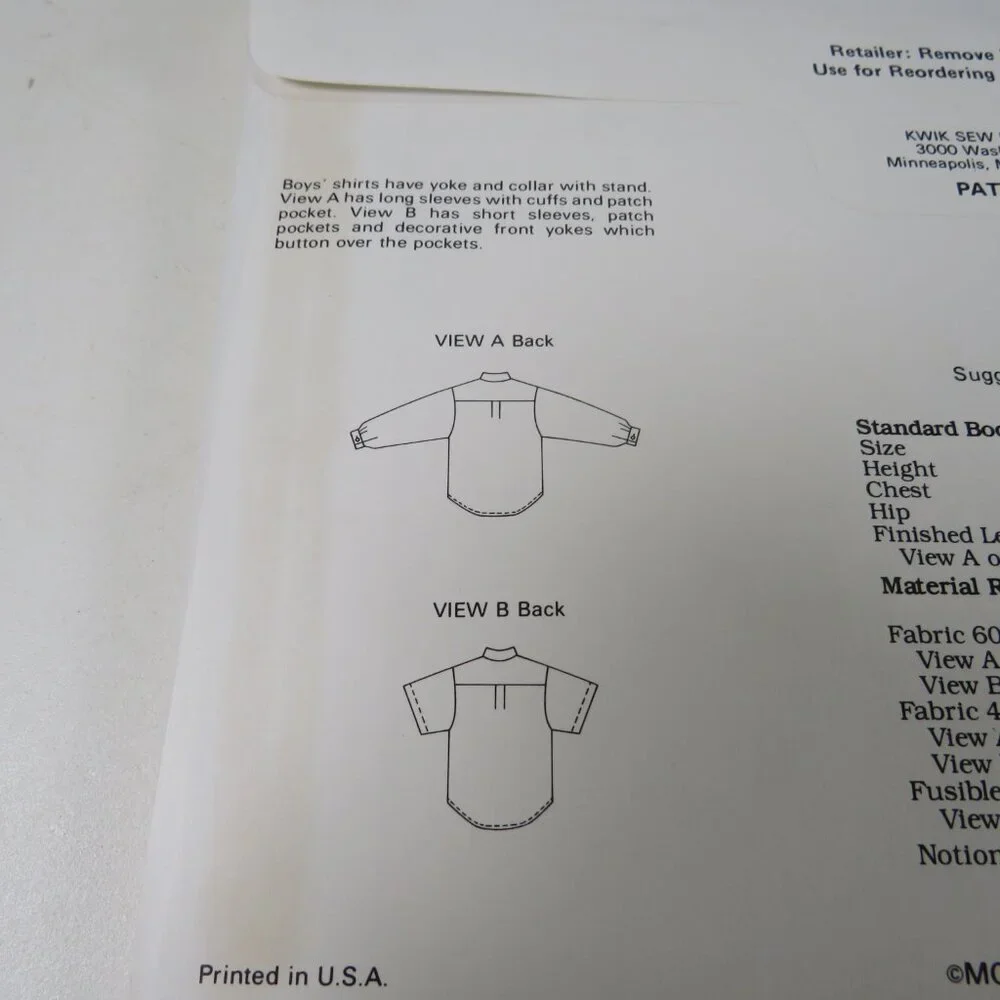 Kwik Sew 1972 clothing pattern Child's Shirt (short & long sleeve) UNCUT